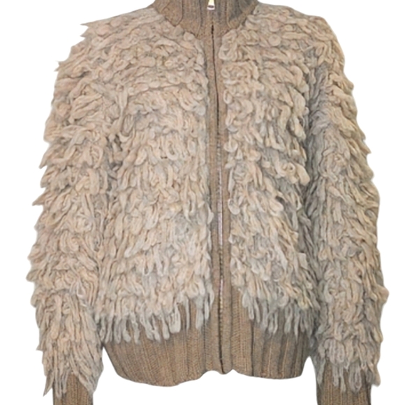 MADELEINE MODE COUTURE PUFF SLEEVE CHIC TEDDY LOOK CHUNKY 2 TONE TAN CARDIGAN - Picture 4 of 16